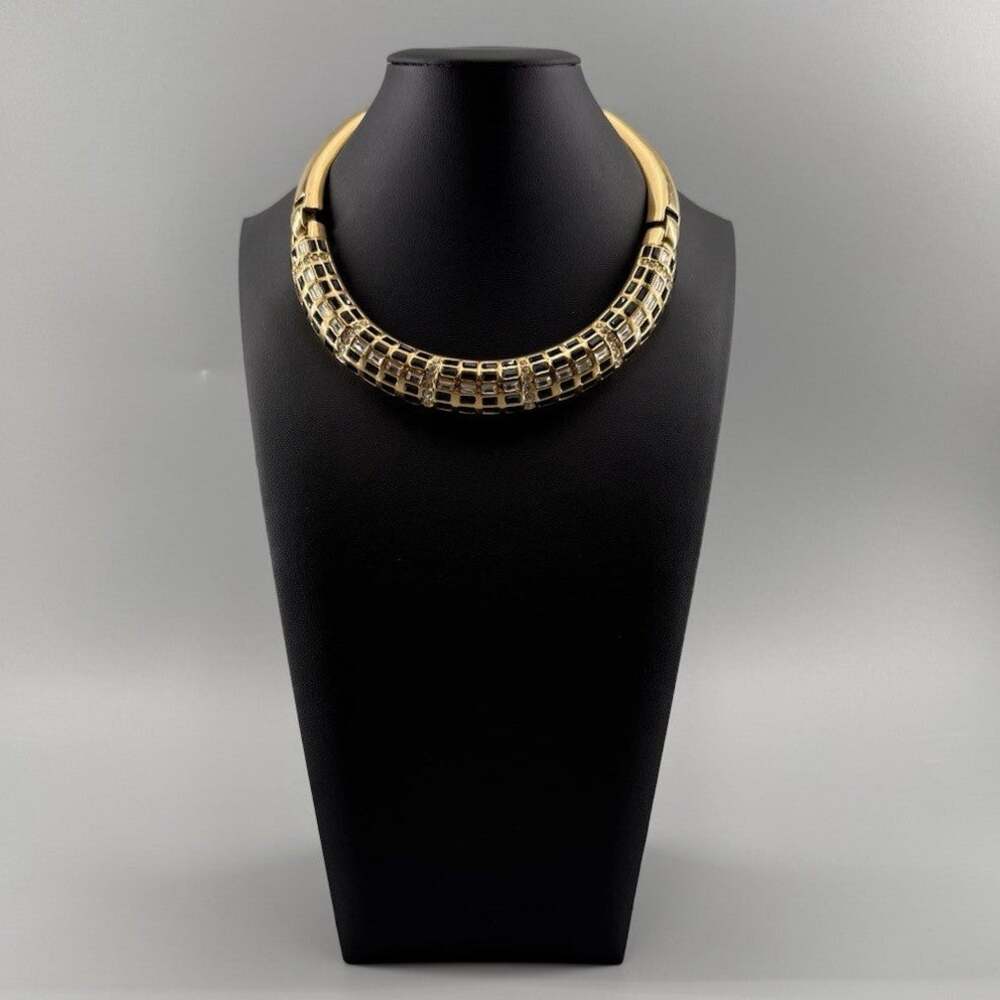 Vintage Chunky Gold Tone Black Enamel Rhinestone Rigid Collar Choker Necklace 80